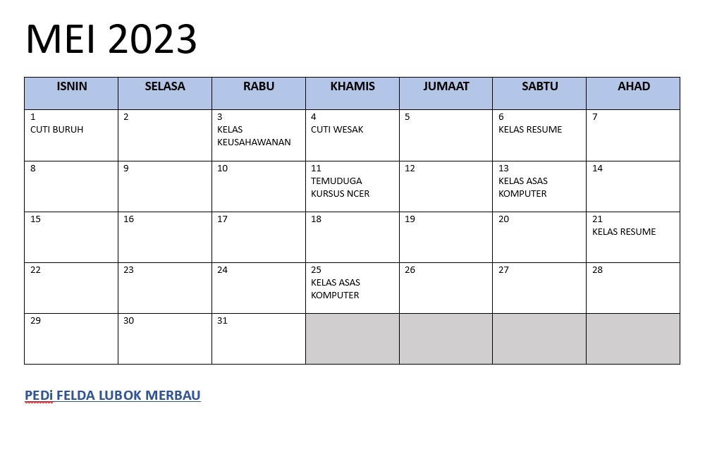 Jadual Aktiviti Mei 2023